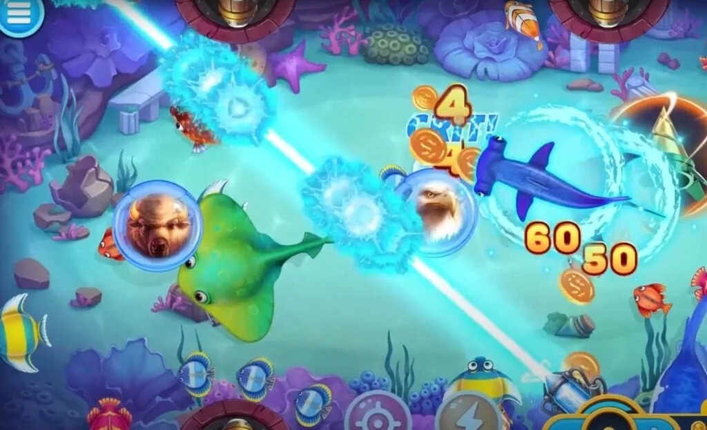 Adegan target ikan dan kontrol meriam pada permainan arcade bawah laut
